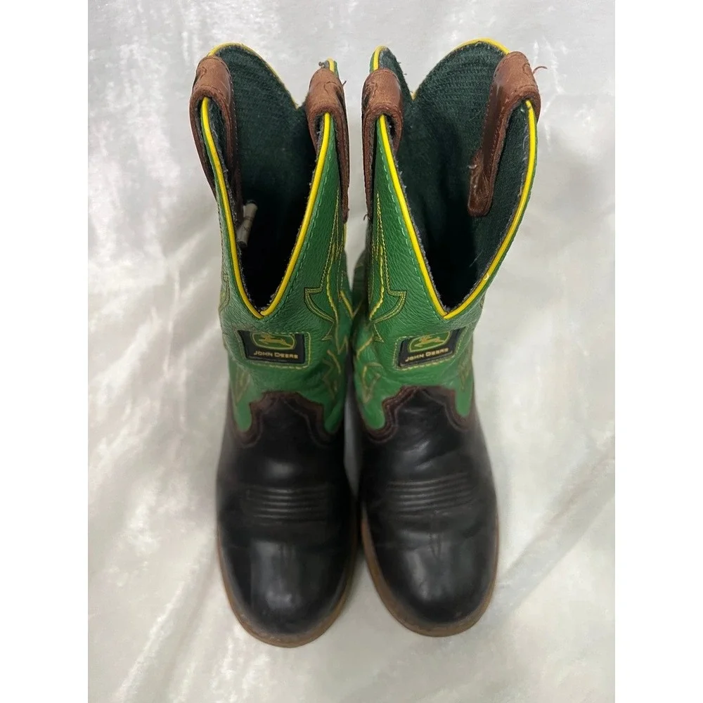 John Deere Western Boots Childrens 6.5M Brown Green Leather Cowboy Work Farmcore